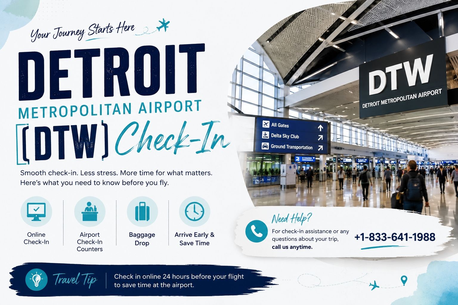 Detroit Metropolitan Airport (DTW) Check-In +1-833-641-1988